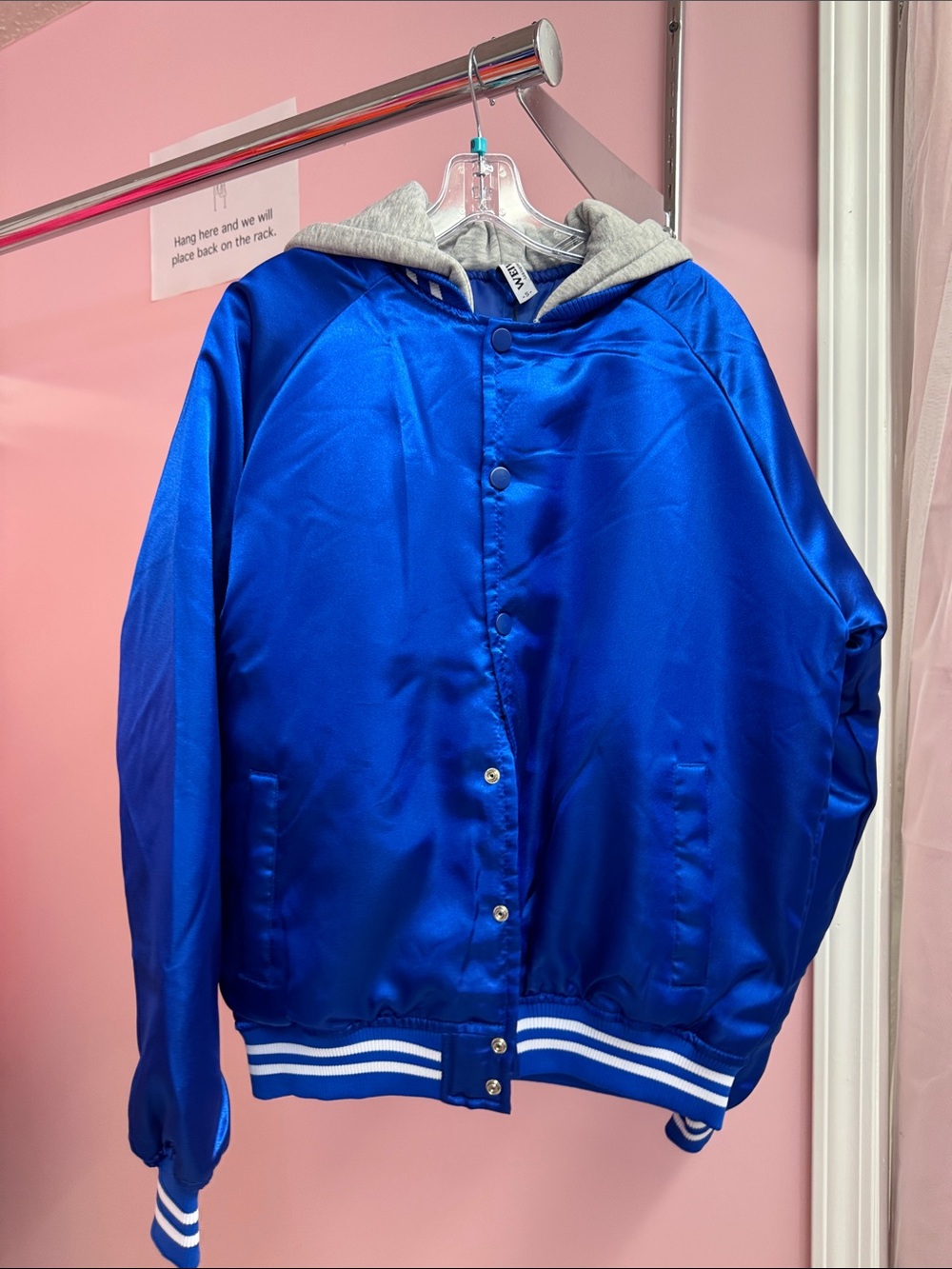 Royal Blue Satin Hooded Bomber Jacket